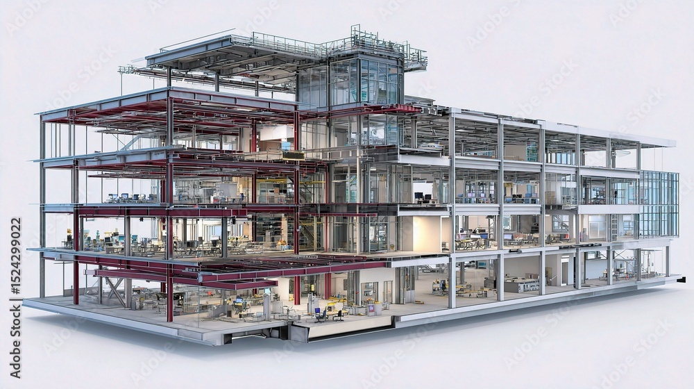 Obraz premium Detailed Cutaway View of Steel Building Under BIM Model