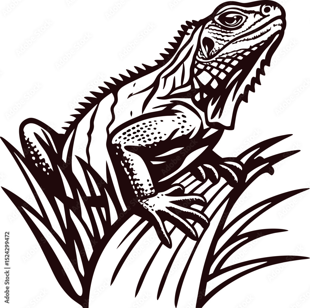 Obraz premium Hand drawn iguana sitting on branch in vintage engraved style, black and white reptile animal illustration