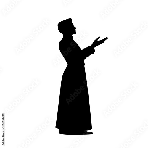 a black silhouette of a priest in a robe black, hand, man, priest, robe, silhouette, stand , Generative art.