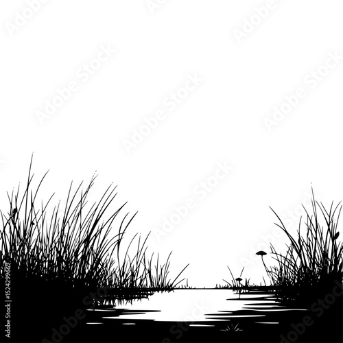 black and white silhouette of grass and reeds near the water black, grass, lake, pond, reed, river, silhouette, swamp, water , Generative art.