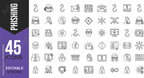 Cyber Threat Line Icons Set – Editable Stroke | Phishing, Scam, Hack, Fraud, Spy

