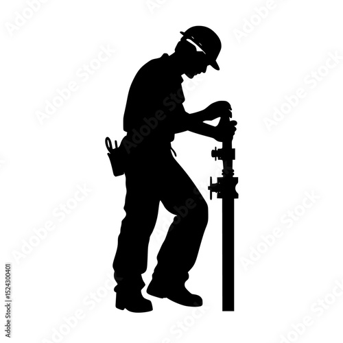 a black silhouette of a man holding a wrench black, man, silhouette, work , Generative art.