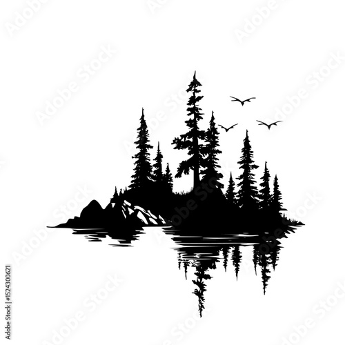a black and white silhouette of a small island with trees and birds flying over a lake bird, black, fly, forest, island, lake, mountain, silhouette, small, tree, water , Generative art.
