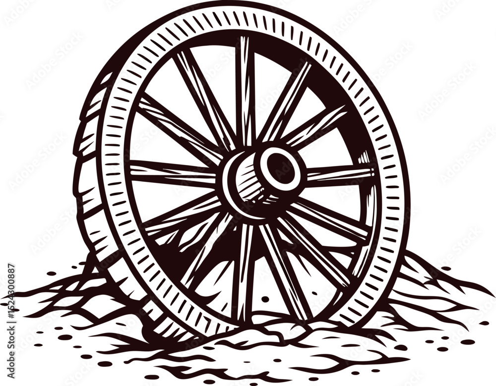 Fototapeta premium Hand drawn vintage wooden wagon wheel resting on ground engraved rustic illustration isolated on white background