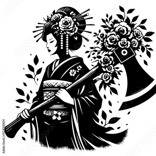 Geisha with floral axe black and white illustration