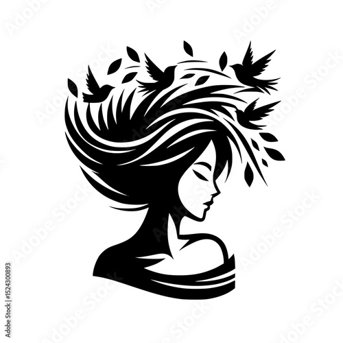 Woman with birds and leaves in her hair