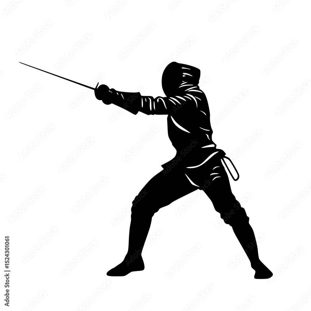 Obraz premium a black silhouette of a man in a fencing position black, man, silhouette, sword , Generative art.