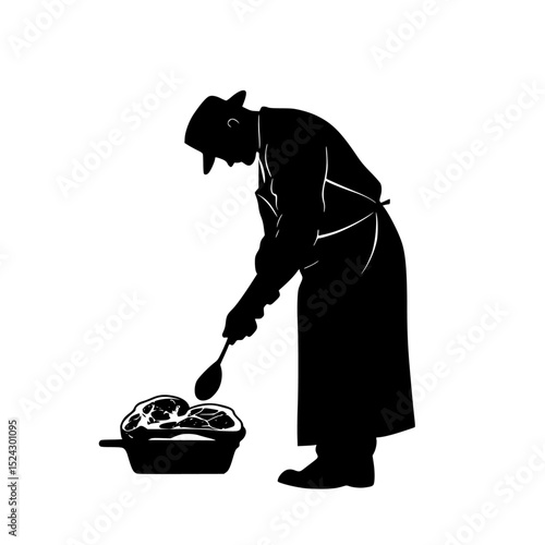 black silhouette of an old man in a robe with a bowl and spoon basket, black, bowl, food, man, old, person, robe, silhouette, spoon , Generative art.