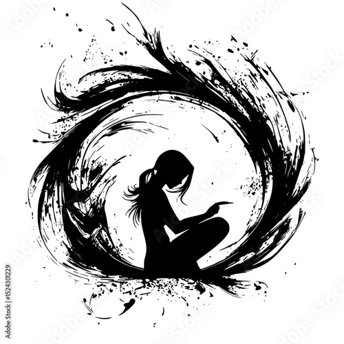 black and white silhouette of a girl sitting down art, black, girl, silhouette, sit, woman , Generative art.