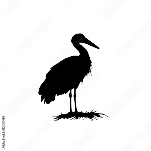 a black silhouette of a stork standing on its hind legs bird, black, grass, heron, leg, silhouette, stand, stork , Generative art.