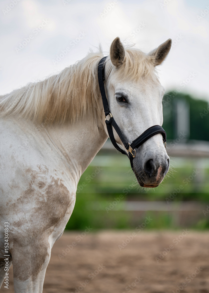 Obraz premium Close-up view of beautiful white horse with calm expression. Concept of grace, freedom, nature and strength. Perfect for theme of animal beauty and rural lifestyle.
