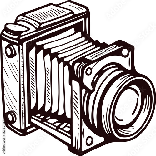 Vintage hand drawn bellows camera isolated on white background retro engraved illustration of antique camera