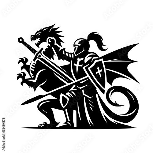 Knight slaying dragon medieval illustration