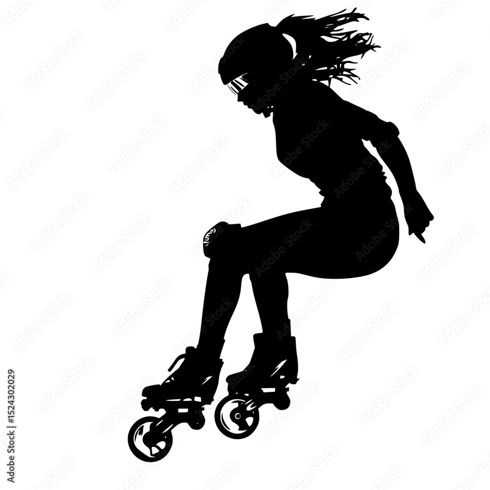 Fototapeta premium a black and white silhouette of a young woman riding a skateboard black, girl, ride, silhouette, skateboard, skateboarder, woman, young , Generative art.