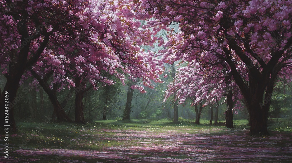 Naklejka premium Soft Wind Moving Through Cherry Trees in a Quiet Park Scene