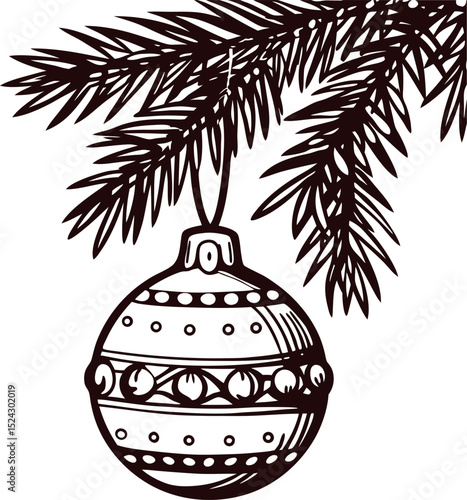 Vintage line art illustration of christmas tree branch with decorated hanging bauble ornament in festive holiday