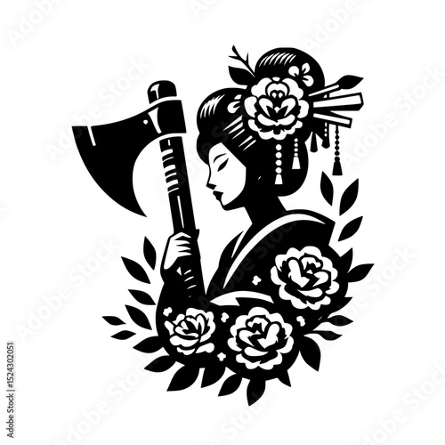 Geisha with axe black and white illustration