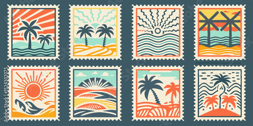 Retro Tropical Post Stamp Collection with Palm Trees Sun and Ocean Waves