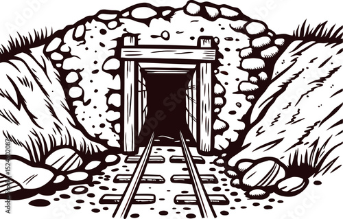 a-hand-drawn-mine-tunnel-opening--with-scattered-d.eps