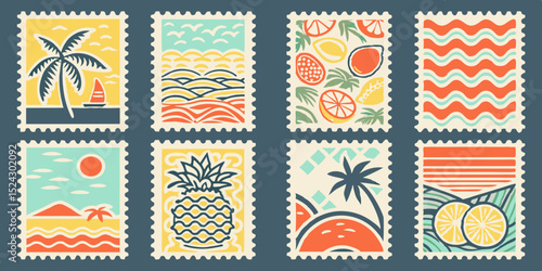 Collection of Tropical Themed Postage Stamps Featuring Summer Vacation and Fruit
