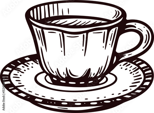 Hand drawn teacup with saucer isolated on white background vintage engraved sketch illustration