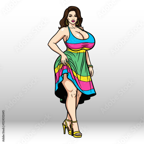 Colorful woman in vibrant dress confidently standing showcasing bold fashion style