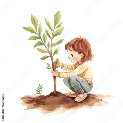 Watercolor illustration of a child planting a young tree in soil
