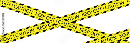 Set of Yellow danger barricade tape with black diagonal stripes and text "CAUTION AND ATTENTION" Vector template of seamless warning, caution ribbon for construction works or crime scene . EPS 10 .