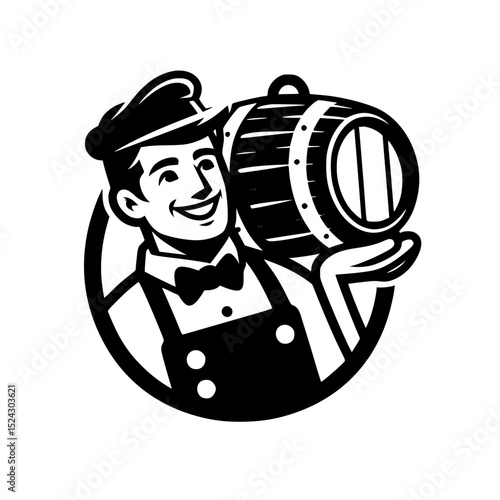 Happy brewer holding a wooden beer barrel