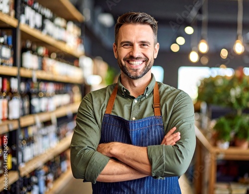 portrait of a handsome young man .Friendly shop owner wearing apron smiling in wine shop