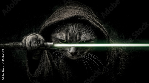 Cat dressed as jedi warrior holding green lightsaber in dramatic dark sci-fi scene.