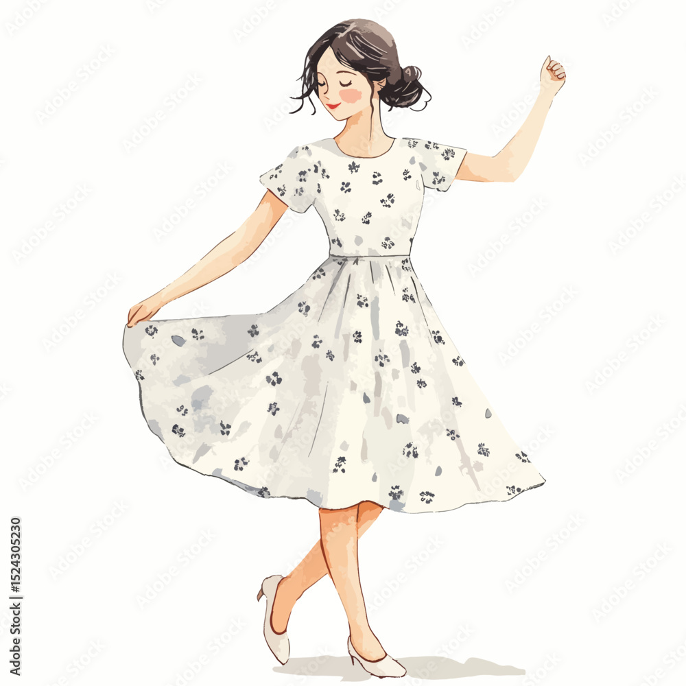 Naklejka premium Watercolor Illustration of a Dancing Woman in a Floral Dress