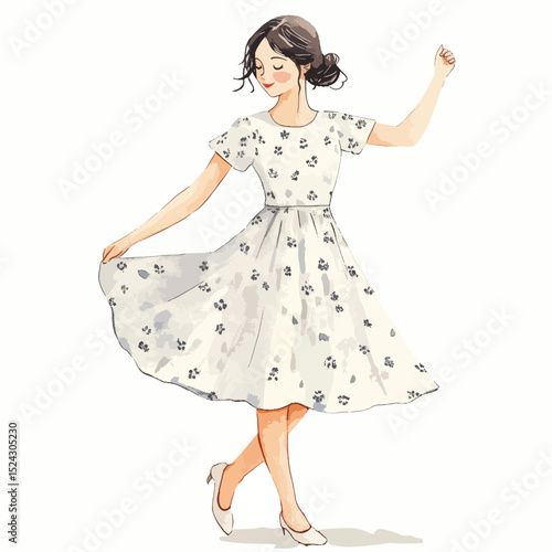 Watercolor Illustration of a Dancing Woman in a Floral Dress