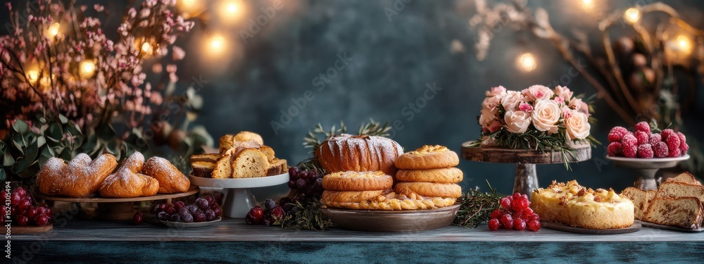 Delicious Bakery Treats Pastry Cakes Breads on Rustic Table Delicious Bakery Treats Pastry Cakes Breads on Rustic Table