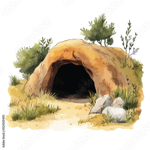 Watercolor Illustration of a Desert Burrow with Rocks and Sparse Vegetation