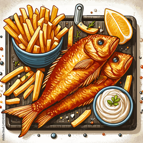 Crispy fried fish with French fries and tartar sauce, gourmet seafood meal, culinary illustration, copy space