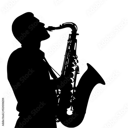 black silhouette of a man playing a saxophone black, instrument, man, musical, play, saxophone, silhouette , Generative art.