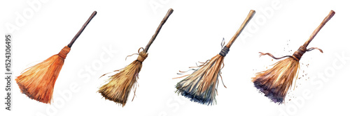 Watercolor broom set png. Broom with wooden handle and brushwood. Witch tools. Concept of witch arsenal and Halloween. Witches' sabbath, Halloween and others. Vector illustration.