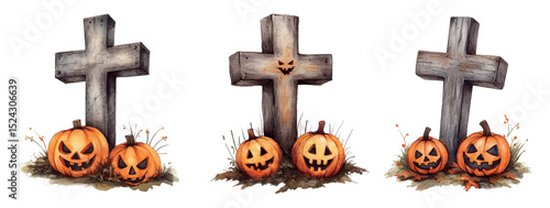 Watercolor set of Halloween graves. Spooky graves with wooden cross decorated with Halloween pumpkins. Halloween concept. Vector illustration.