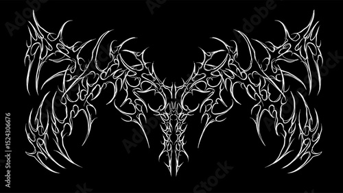 Neo tribal vector design with cyber sigilism style, featuring symmetrical, sharp edged forms. Perfect for tattoo art, apparel prints, or digital dark illustrations