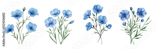 Watercolor set of blue flax flowers png. Field and meadow blue flowers watercolor png. Blue flax flowers isolated on white vector collection. Vector illustration.
