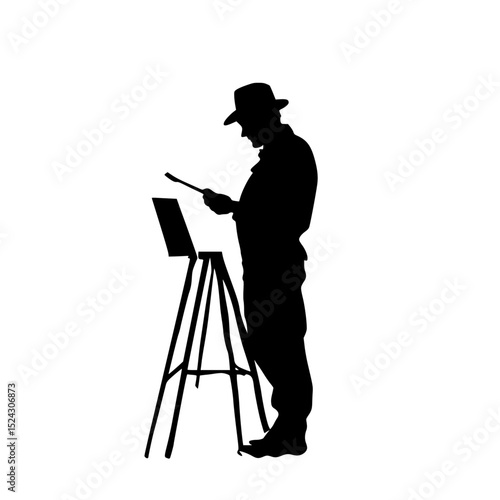a black silhouette of an artist in a hat painting a picture on an easel artist, black, canvas, easel, hat, man, paint, picture, silhouette , Generative art.