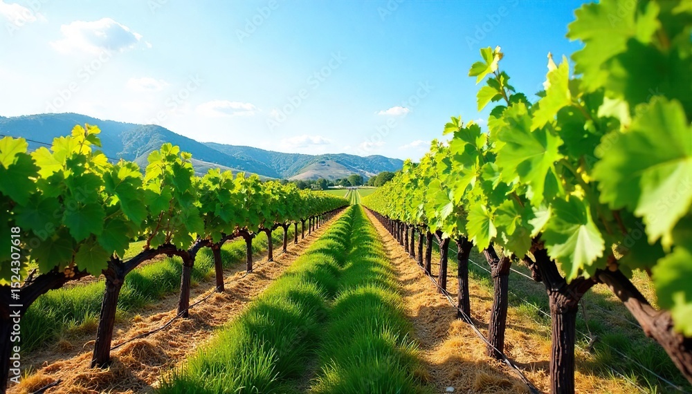 Naklejka premium Sun-drenched rows of grapevines stretch across a picturesque hillside vineyard, ready for harvest Lush green leaves and ripening grapes under a clear blue sky , plantation, organic