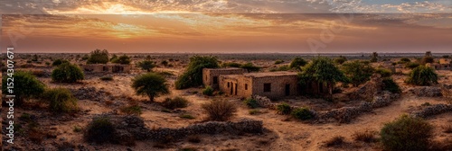 Abandoned desert village at sunrise