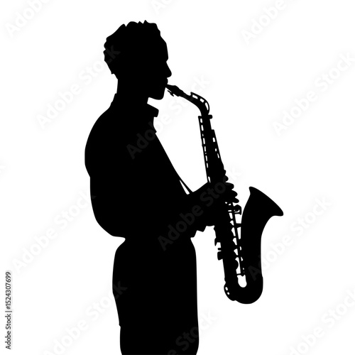 black silhouette of a man playing a saxophone black, instrument, man, musical, play, saxophone, silhouette , Generative art.