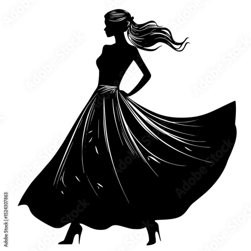 silhouette of a beautiful young woman in a long skirt with her hair fluttering in the wind beautiful, black, dress, girl, hair, long, silhouette, skirt, wind, woman, young , Generative art.