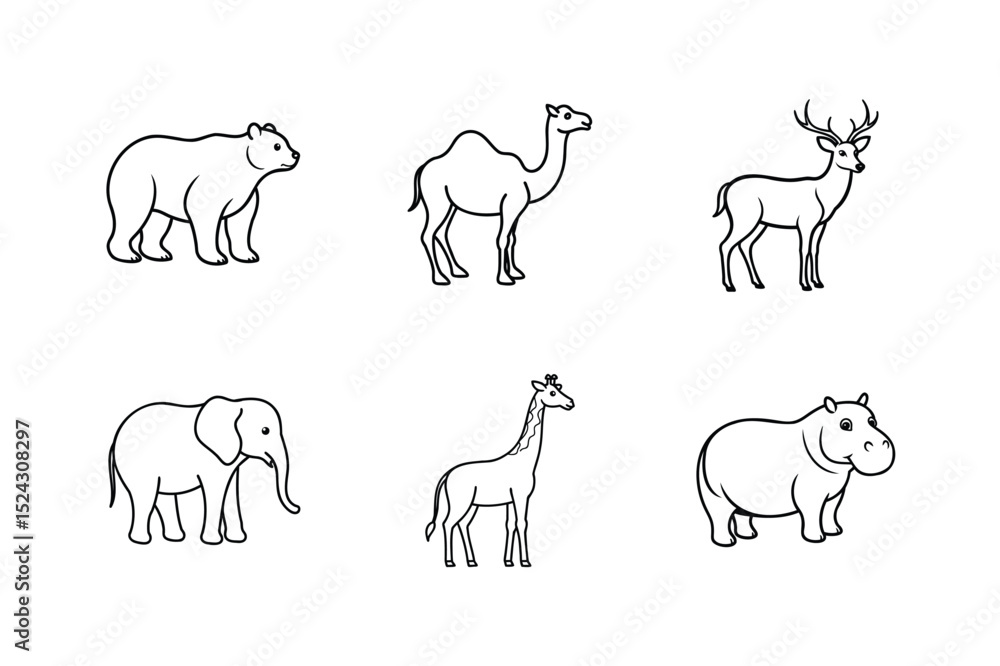 Fototapeta premium Diverse Collection of Animal Line Art Illustrations Featuring Bear, Camel, and Elephant