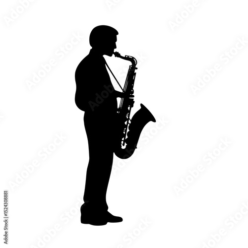 black silhouette of a man playing a saxophone on a transparent background black, instrument, man, musical, play, saxophone, silhouette , Generative art.