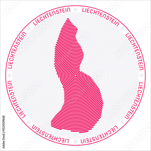 Liechtenstein round logo design. Country shape built of rings. Liechtenstein text around the country. Vector Illustration.