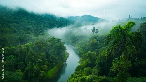 Misty River in Lush Tropical Rainforest
